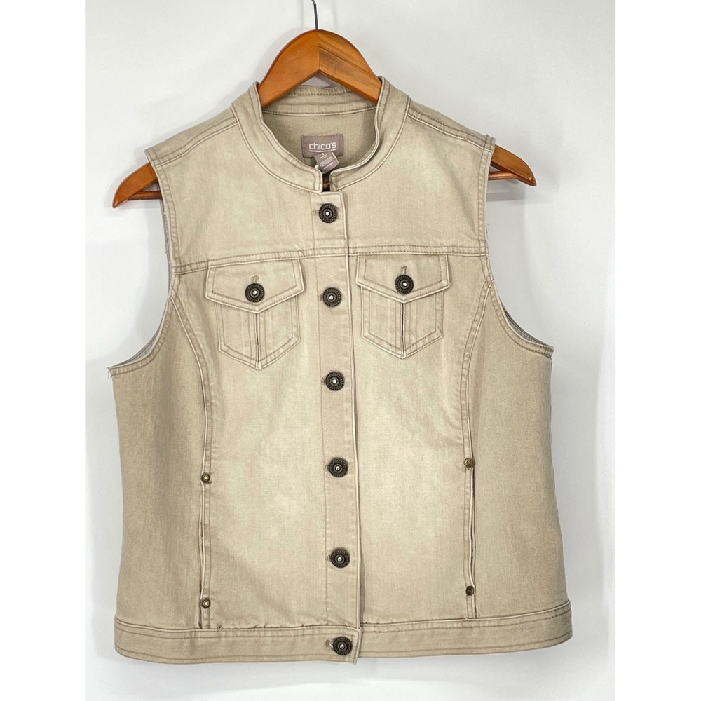 Excellent Chicos Womens Vest 1 Denim Tan Mock Neck Button Up Pockets Stretch